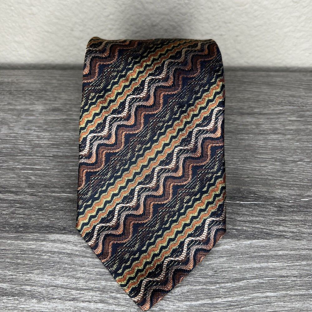 MISSONI Mens Classic ZigZag Silk Necktie  ITALY Designer Brown Multi 58" Luxury